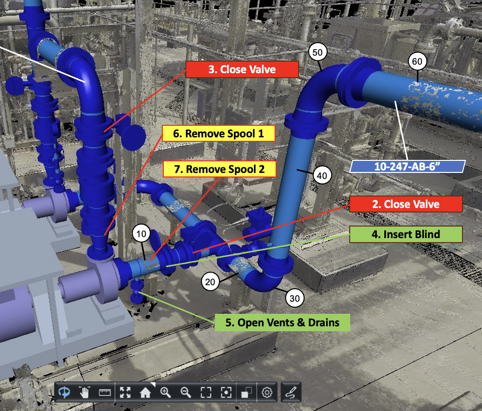 Visionaize digital twin monitoring interface showing an industrial piping model with step-by-step maintenance annotations